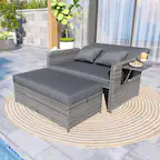 Front. Gymax - Gymax Patio Daybed Set Rattan Loveseat Sofa Set w/ Adjustable Backrest Gray Cushions - Gray.