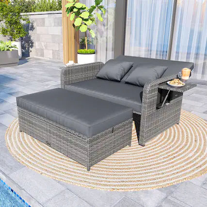 Front. Gymax - Gymax Patio Daybed Set Rattan Loveseat Sofa Set w/ Adjustable Backrest Gray Cushions - Gray.