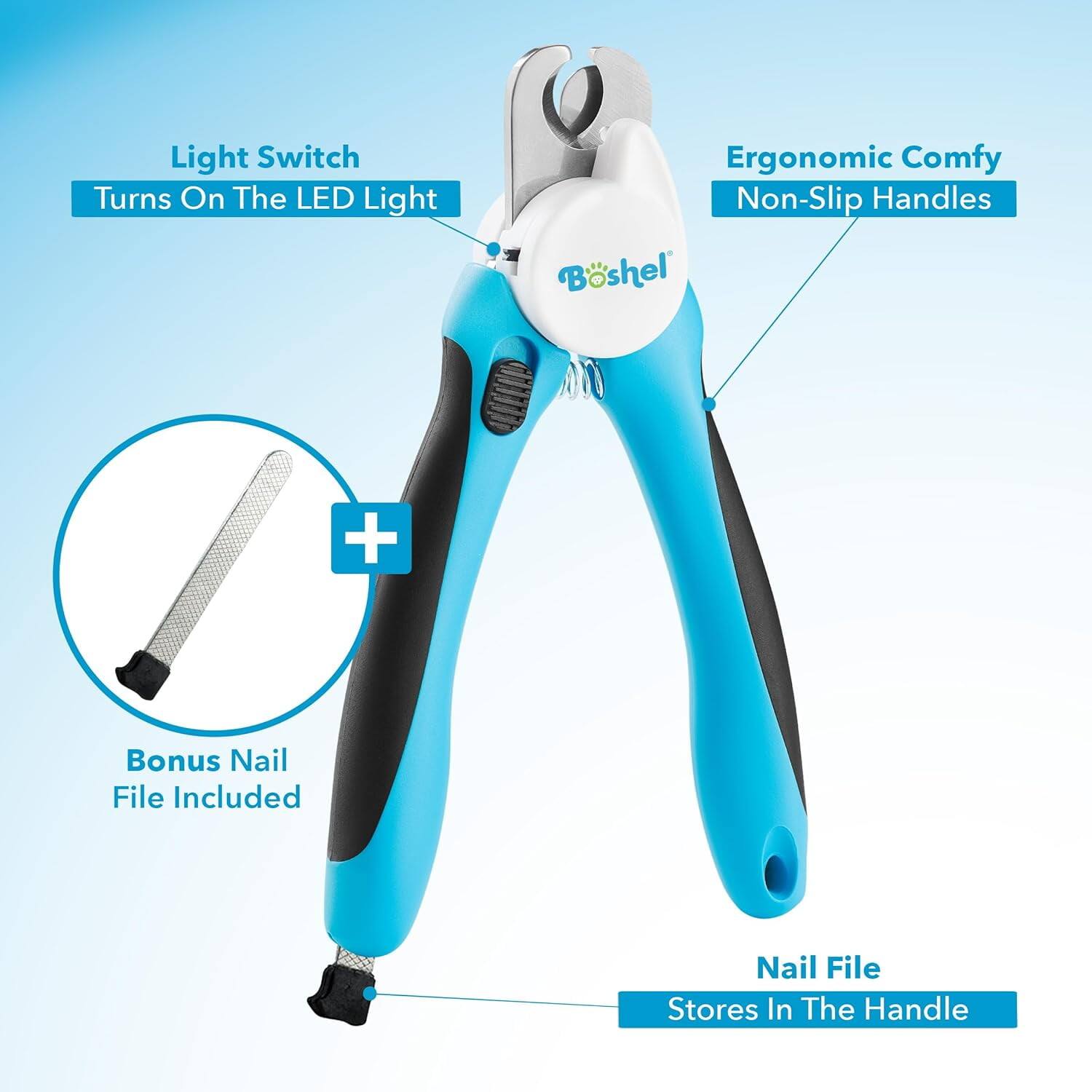 Light Switch Turns On The LED Light  
Ergonomic Comfy Non-Slip Handles  
+ Bonus Nail File Included  
Nail File Stores In The Handle