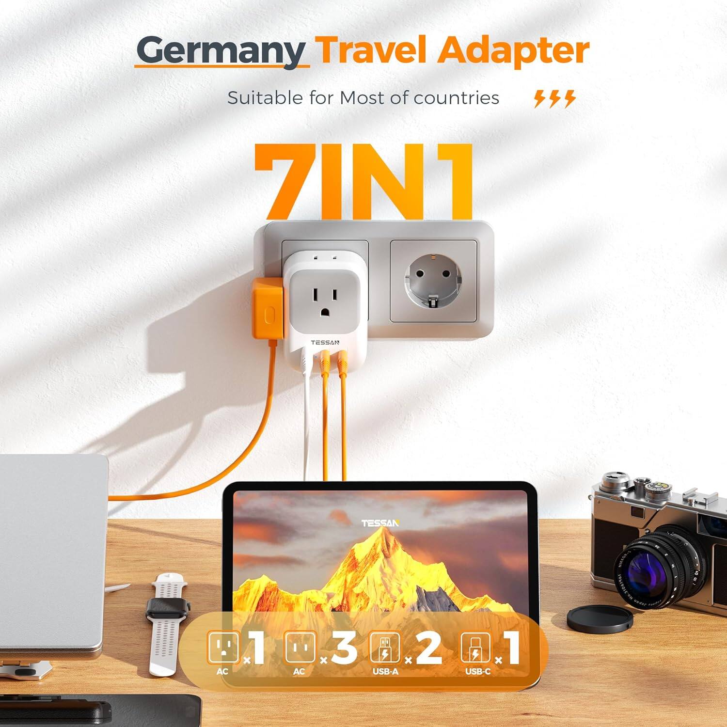Germany Travel Adapter  
Suitable for Most of Countries  
7IN1  

AC x 1  
AC x 3  
USB-A x 2  
USB-C x 1