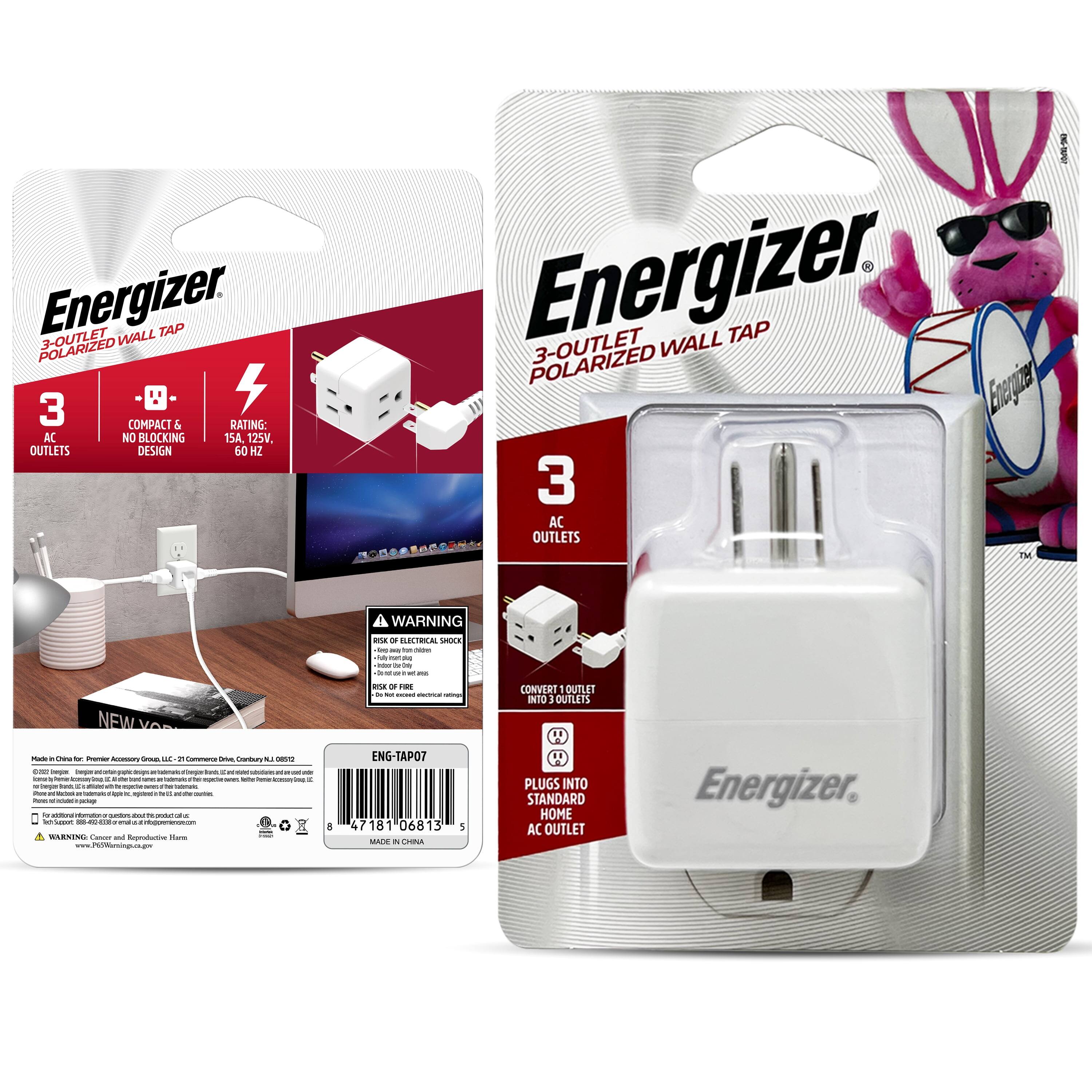 Energizer 3-Outlet Wall Tap Polarized

- 3 AC Outlets
- Compact & No Blocking Design
- Rating: 15A, 125V, 60 Hz

Warning: Risk of Electrical Shock

Plugs into Standard Home AC Outlet

Made in China

ENG-TAPO7

47181 06813