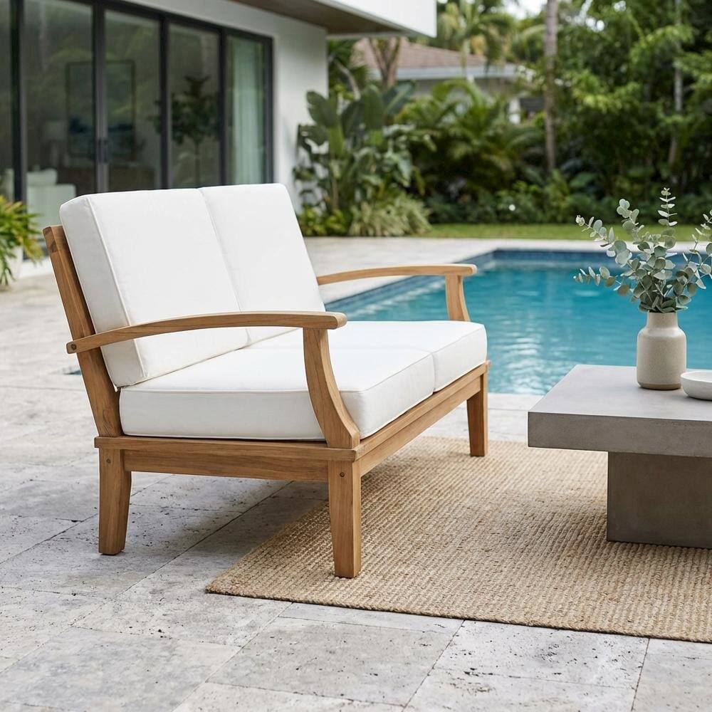 Left. Outdoor Escape - Outdoor Teak Right-Facing Sofa With Cushions And Durable Frame - White.