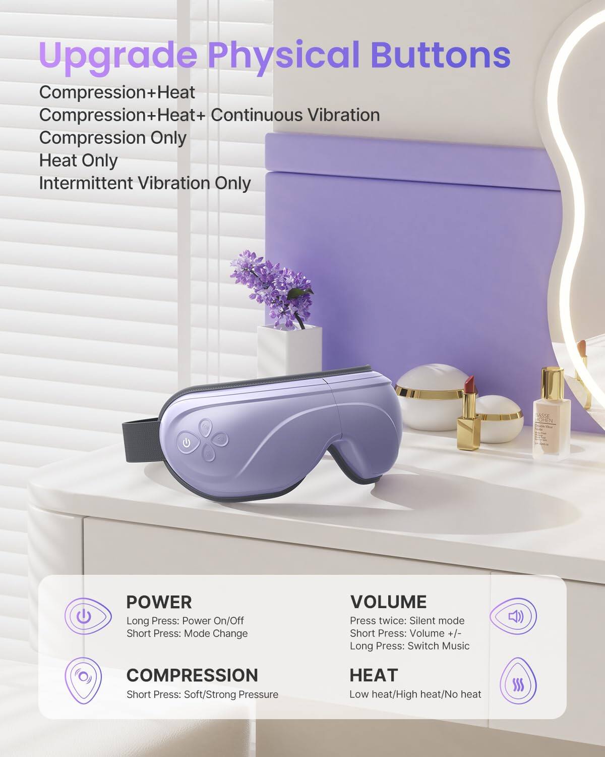 **Upgrade Physical Buttons**

- Compression+Heat
- Compression+Heat+ Continuous Vibration
- Compression Only
- Heat Only
- Intermittent Vibration Only

**POWER**
- Long Press: Power On/Off
- Short Press: Mode Change

**VOLUME**
- Press twice: Silent mode
- Short Press: Volume +/- 
- Long Press: Switch Music

**COMPRESSION**
- Short Press: Soft/Strong Pressure

**HEAT**
- Low heat/High heat/No heat