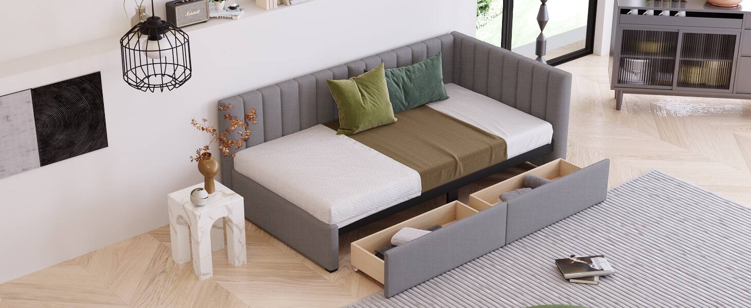 Alt View 7. Tiramisubest - Upholstered Daybed with 2 Storage Drawers Twin Size Sofa Bed Frame No Box Spring Needed, Linen Fabric (Gray) - Gray.