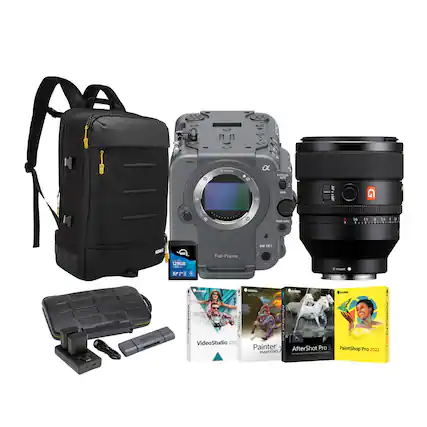 The image features a camera, a lens, and a backpack, along with several books and a video camera. The camera and lens are placed next to each other, while the backpack is positioned nearby. The books are scattered around the scene, with some placed close to the camera and lens, and others located near the backpack. The video camera is situated towards the right side of the image.