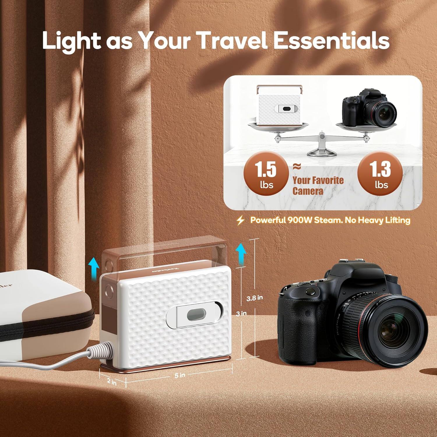 Light as Your Travel Essentials

1.5 lbs Your Favorite Camera

1.3 lbs

Powerful 900W Steam. No Heavy Lifting

3.8 in

3 in

2 in

5 in