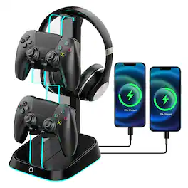 Reds Spade - Headphone Controller Stand holder For Other Game With Rgb Lights 2 Usb Charging Station Ports Earphone Hanger - Black
