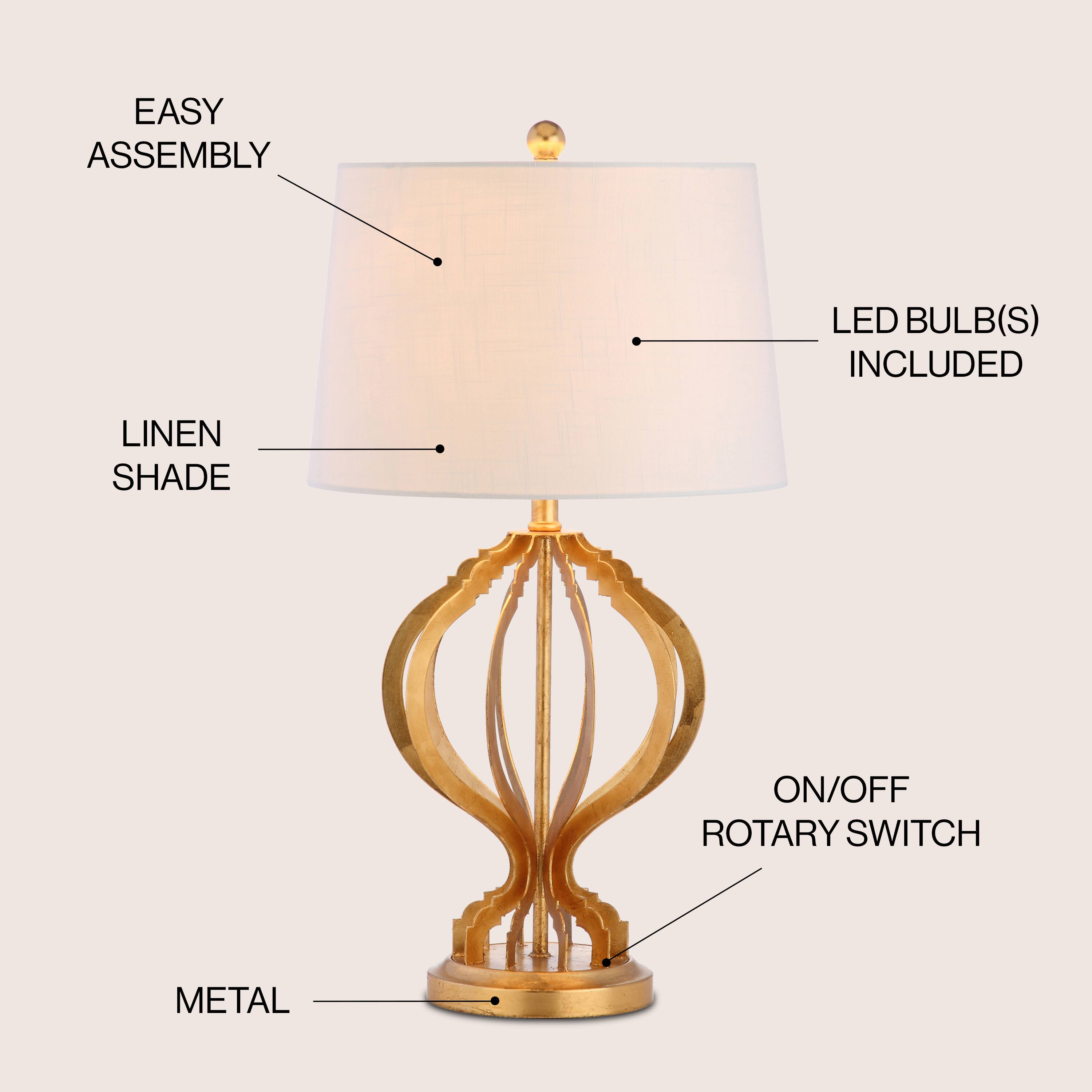 EASY ASSEMBLY LED BULB(S) INCLUDED LINEN SHADE ON/OFF ROTARY SWITCH METAL