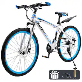 Topteng - 26" Mountain Bike for Men/Women - 24-Speed, Dual Disc Brakes, High-Carbon Steel Frame, Comfort Saddle, Blue&White - White&Blue