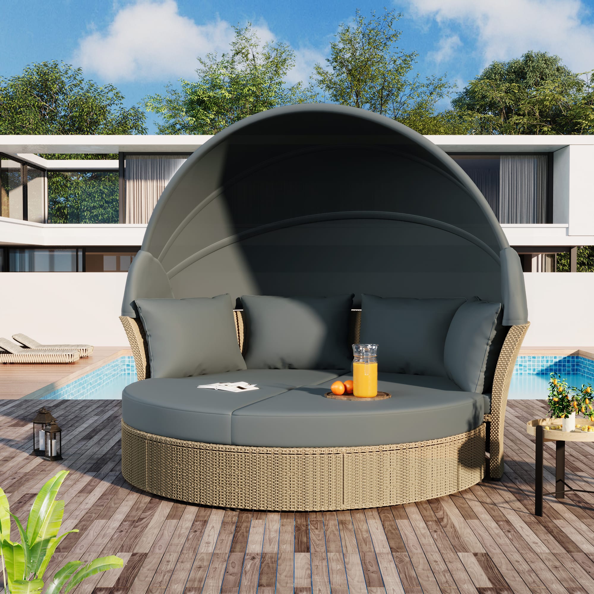 Tiramisubest - Outdoor Wicker Rattan Double Daybed Round Sofa Furniture Set w/Retractable Canopy,4 Pillows for Patio,Garden,Pool - Grey
