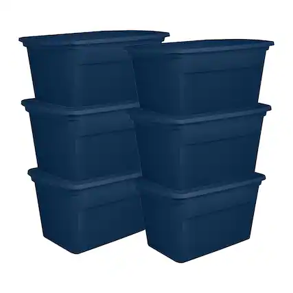 Front. Sterilite - Sterilite Classic Lidded Stackable 30 Gal Storage Tote Container, Blue, 6 Pack - Marine Blue.