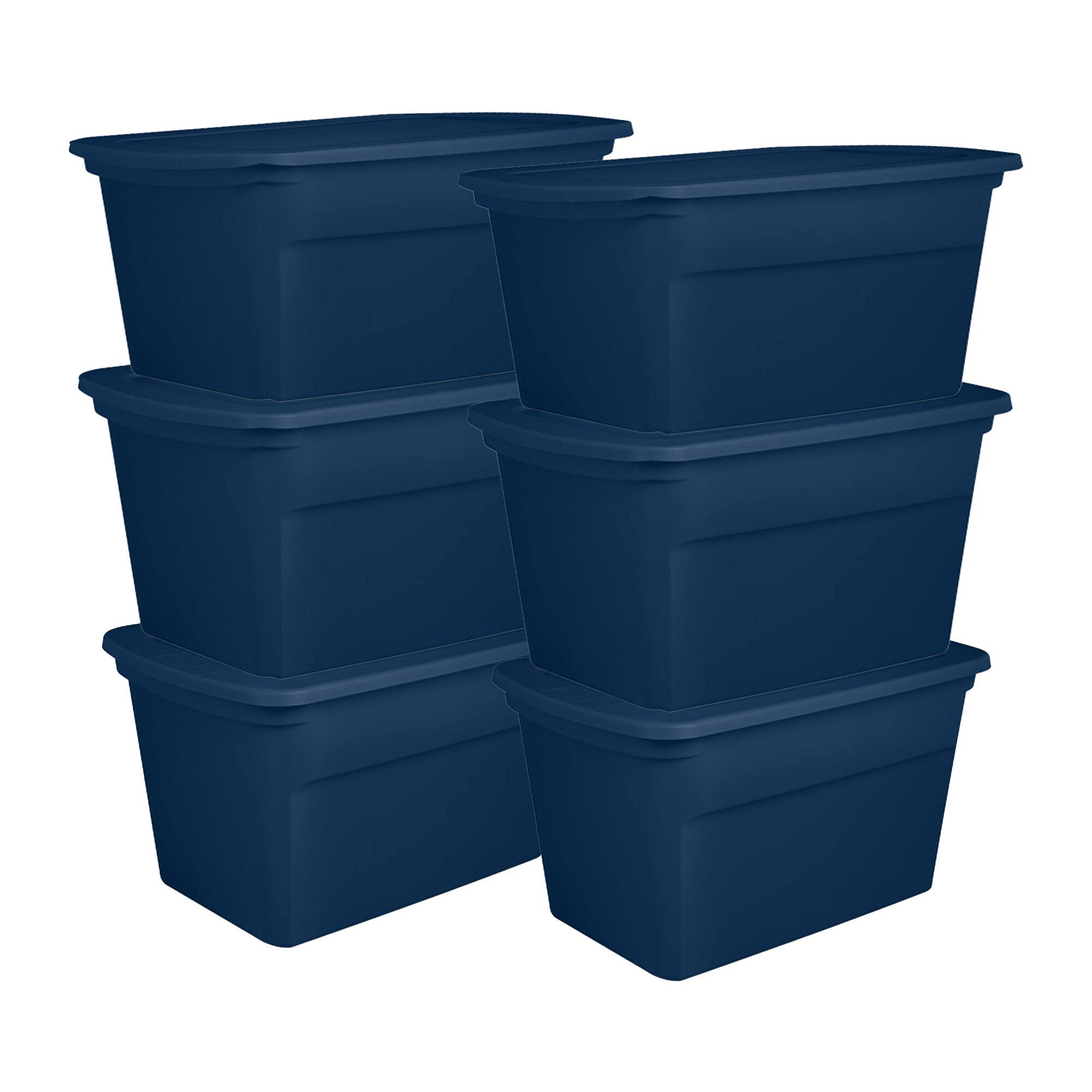 Front. Sterilite - Sterilite Classic Lidded Stackable 30 Gal Storage Tote Container, Blue, 6 Pack - Marine Blue.