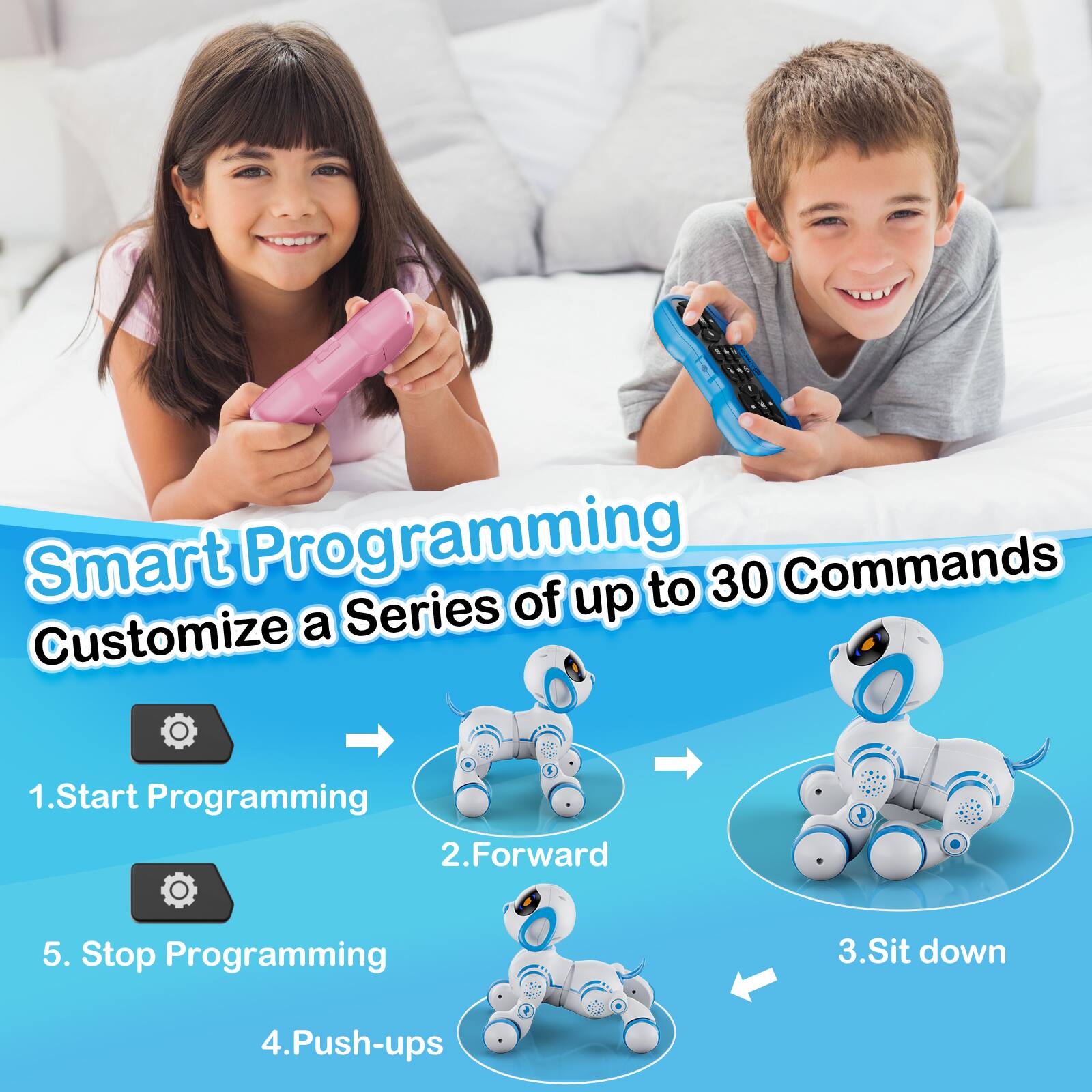 Smart Programming of up to 30 Commands Customize a Series

1. Start Programming
2. Forward
3. Sit down
4. Push-ups
5. Stop Programming