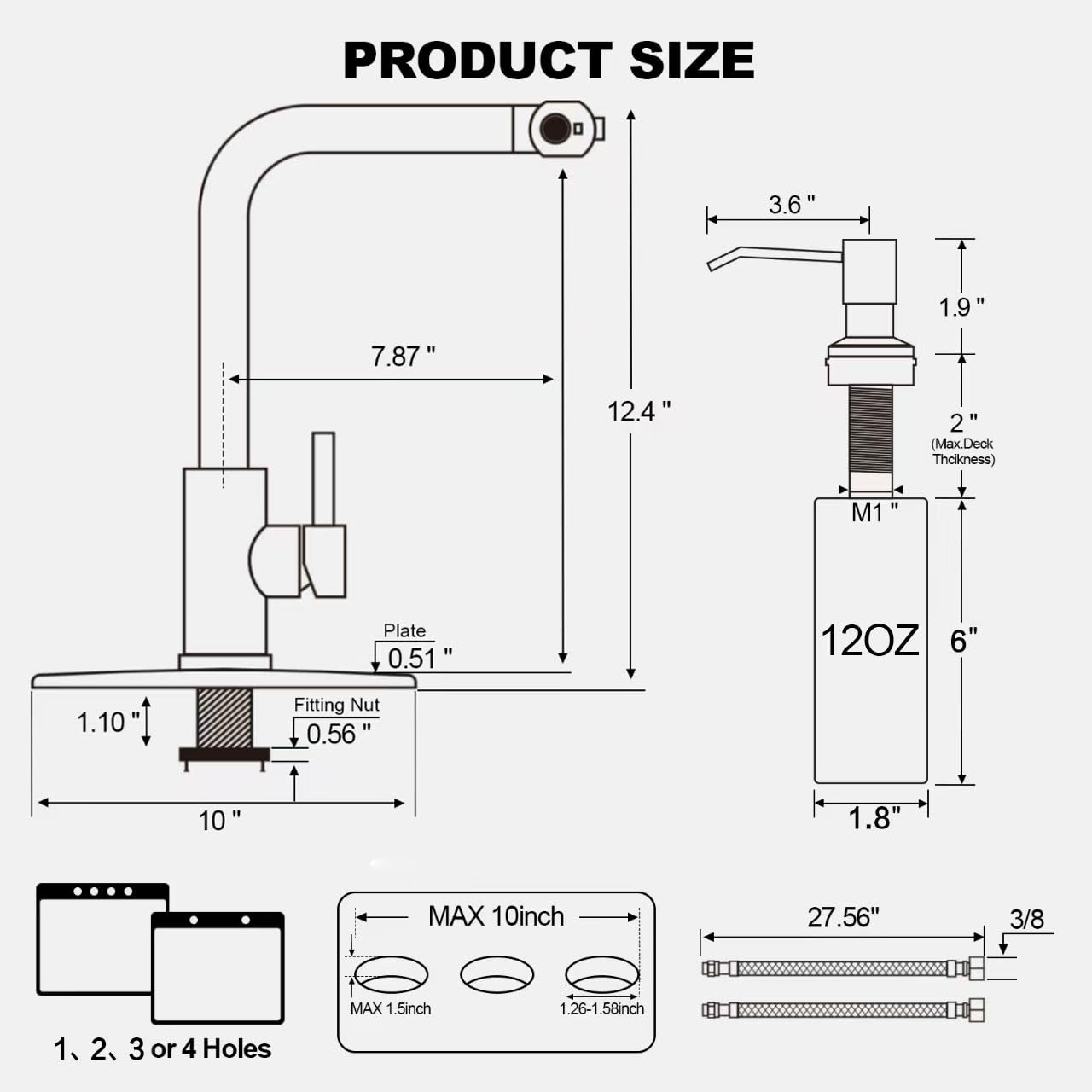 PRODUCT SIZE

- 3.6" (width)
- 1.9" (height)
- 7.87" (length)
- 12.4" (overall length)
- 2" (Max. Deck Thickness)
- 12OZ (weight)
- 6" (height of M1" plate)
- 1.8" (width of M1" plate)
- 0.51" (plate thickness)
- 1.10" (fitting nut height)
- 0.56" (fitting nut thickness)
- 10" (base width)
- MAX 10inch (maximum bolt length)
- MAX 1.5inch (maximum bolt diameter)
- 1, 2, 3 or 4 Holes
- 27.56" (length of chain)
- 3/8" (chain link size)
- 1.26-1.58inch (chain link size)