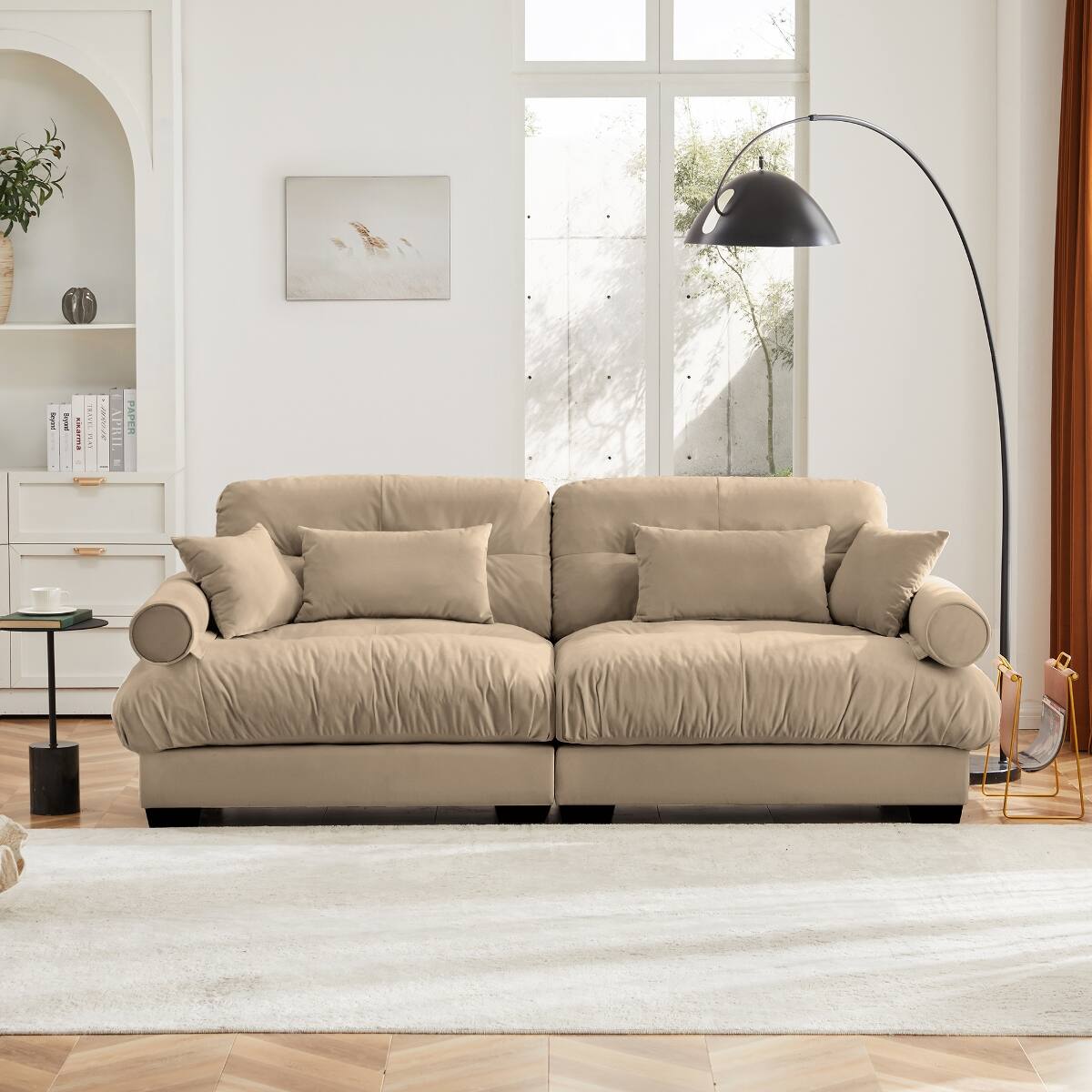 Ropilly Camel Velvet 2 Seater Sofa, Modern Loveseat with Bolster ...
