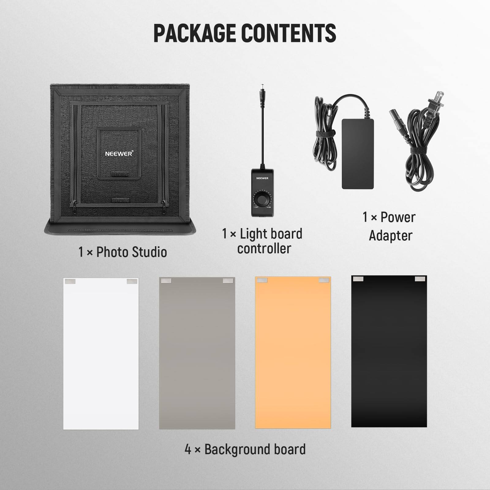PACKAGE CONTENTS

1 x Photo Studio  
1 x Light board controller  
1 x Power Adapter  
4 x Background board
