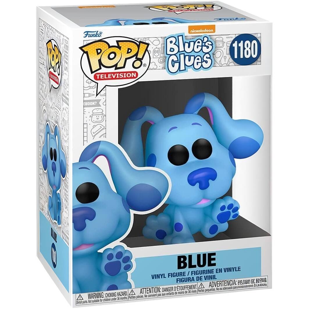 Sure, here is the corrected and grouped text from the image:

---

**Front:**
- Funko POP! TELEVISION
- Blue's Clues
- 1180
- Blue
- VINYL FIGURE / FIGURINE EN VINYLE / FIGURA DE VINIL
- WARNING: CHOKING HAZARD - Small parts. Not suitable for children under 3 years. ATTENTION: PELIGRO DE AHOGO - Piezas pequeñas. No es adecuado para niños menores de 3 años. ADVERTENCIA: PEQUEÑAS PIEZAS - PELIGRO DE AHOGO - No es adecuado para niños menores de 3 años.

**Side:**
- Funko POP! TELEVISION
- Blue's Clues
- 1180
- Blue

**Top:**
- Funko POP! TELEVISION
- Blue's Clues
- 1180

**Bottom:**
- WARNING: CHOKING HAZARD - Small parts. Not suitable for children under 3 years. ATTENTION: PELIGRO DE AHOGO - Piezas pequeñas. No es adecuado para niños menores de