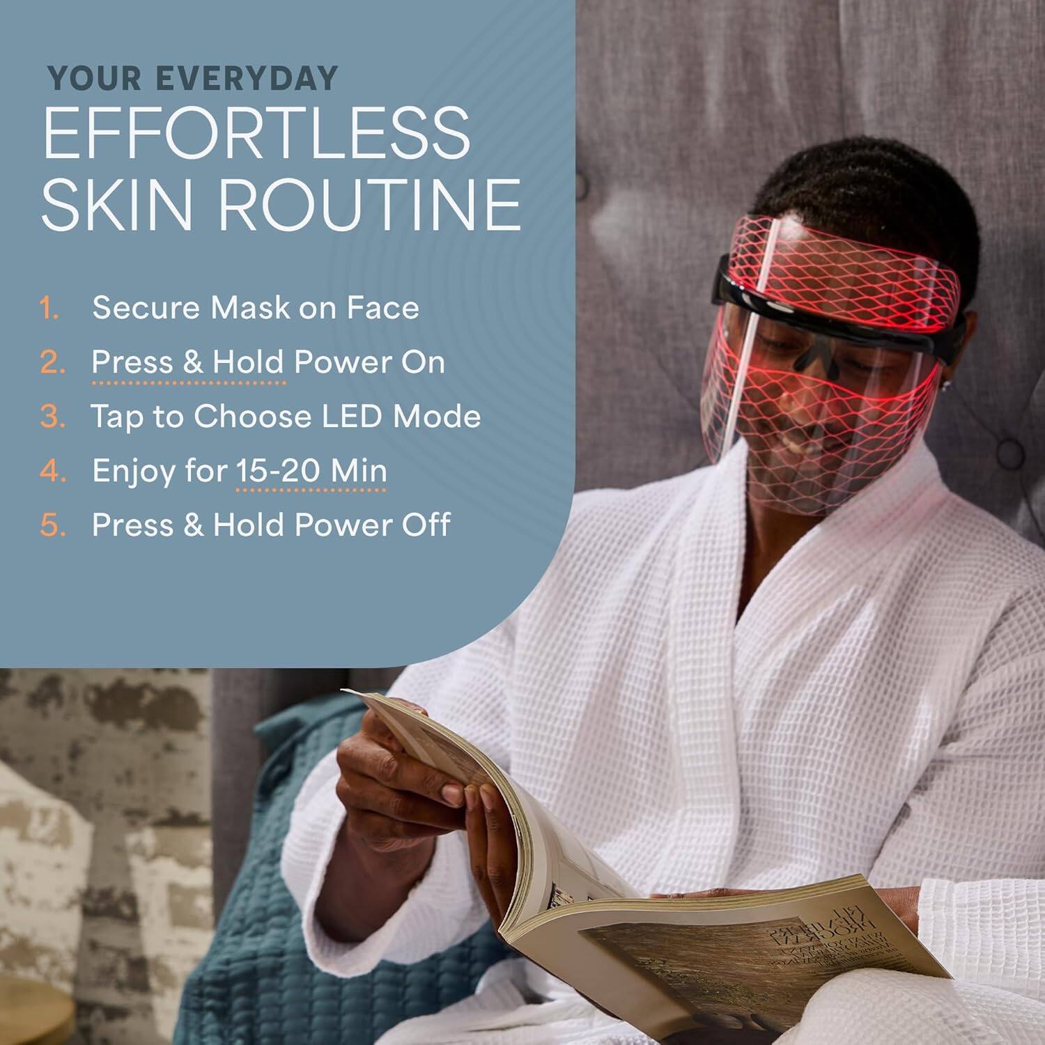 YOUR EVERYDAY EFFORTLESS SKIN ROUTINE

1. Secure Mask on Face
2. Press & Hold Power On
3. Tap to Choose LED Mode
4. Enjoy for 15-20 Min
5. Press & Hold Power Off