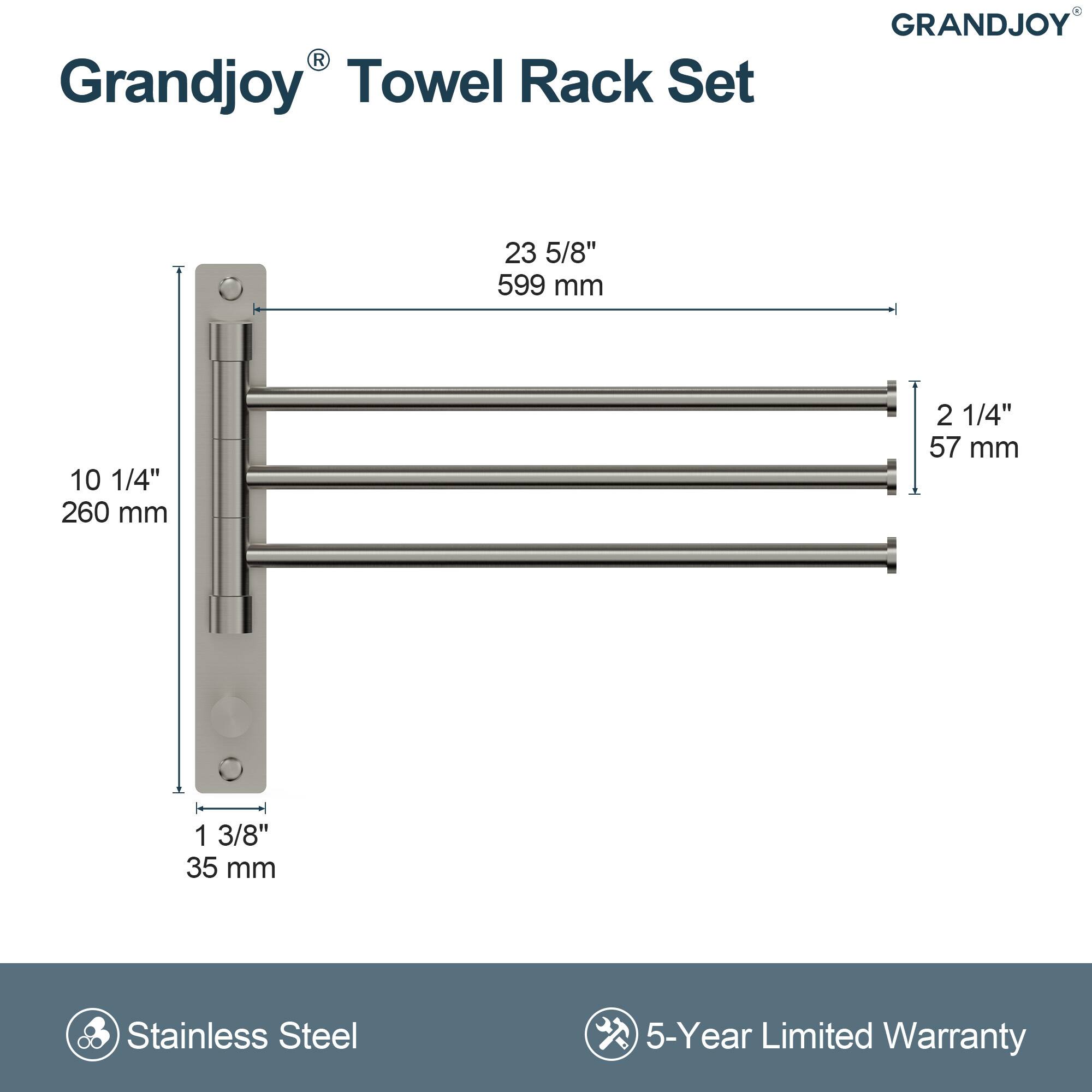 Grandjoy® Towel Rack Set

- Height: 23 5/8" (599 mm)
- Width: 10 1/4" (260 mm)
- Depth: 2 1/4" (57 mm)
- Thickness: 1 3/8" (35 mm)

Stainless Steel

5-Year Limited Warranty
