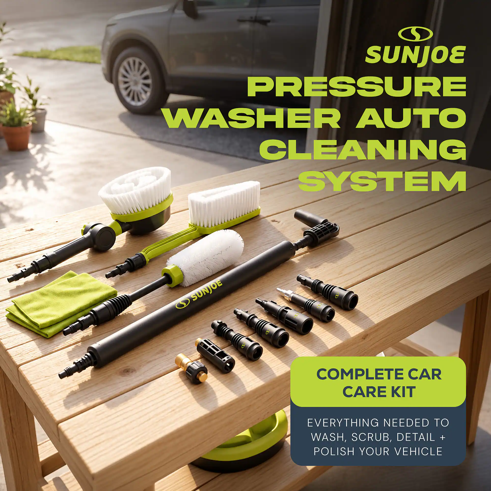SUNJOE PRESSURE WASHER AUTO CLEANING SYSTEM

SUNJOE
COMPLETE CAR CARE KIT
EVERYTHING NEEDED TO WASH, SCRUB, DETAIL + POLISH YOUR VEHICLE