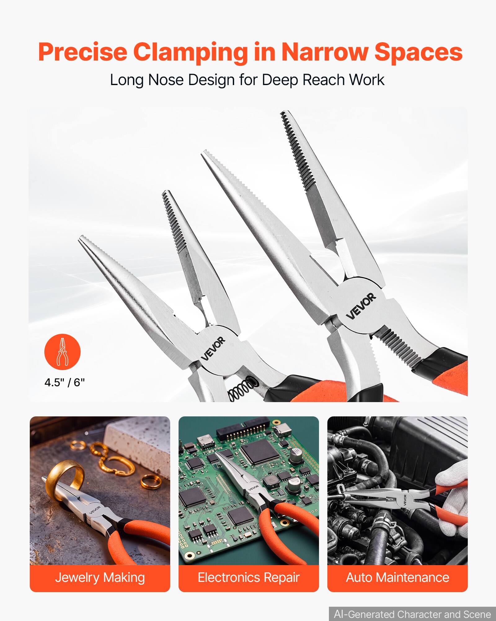 Precise Clamping in Narrow Spaces  
Long Nose Design for Deep Reach Work  

4.5" / 6"  

VEVOR  

VEVOR  
VEVOR  
VEVOR  

VEVOR  

Jewelry Making  
Electronics Repair  
Auto Maintenance  

AI-Generated Character and Scene
