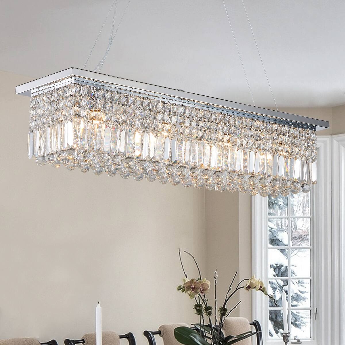 Alt View 1. Loheer - Loheer Eight Light Crystal Chandelier Chrome Rectangle Pendant for Dining Room or Kitchen Island.