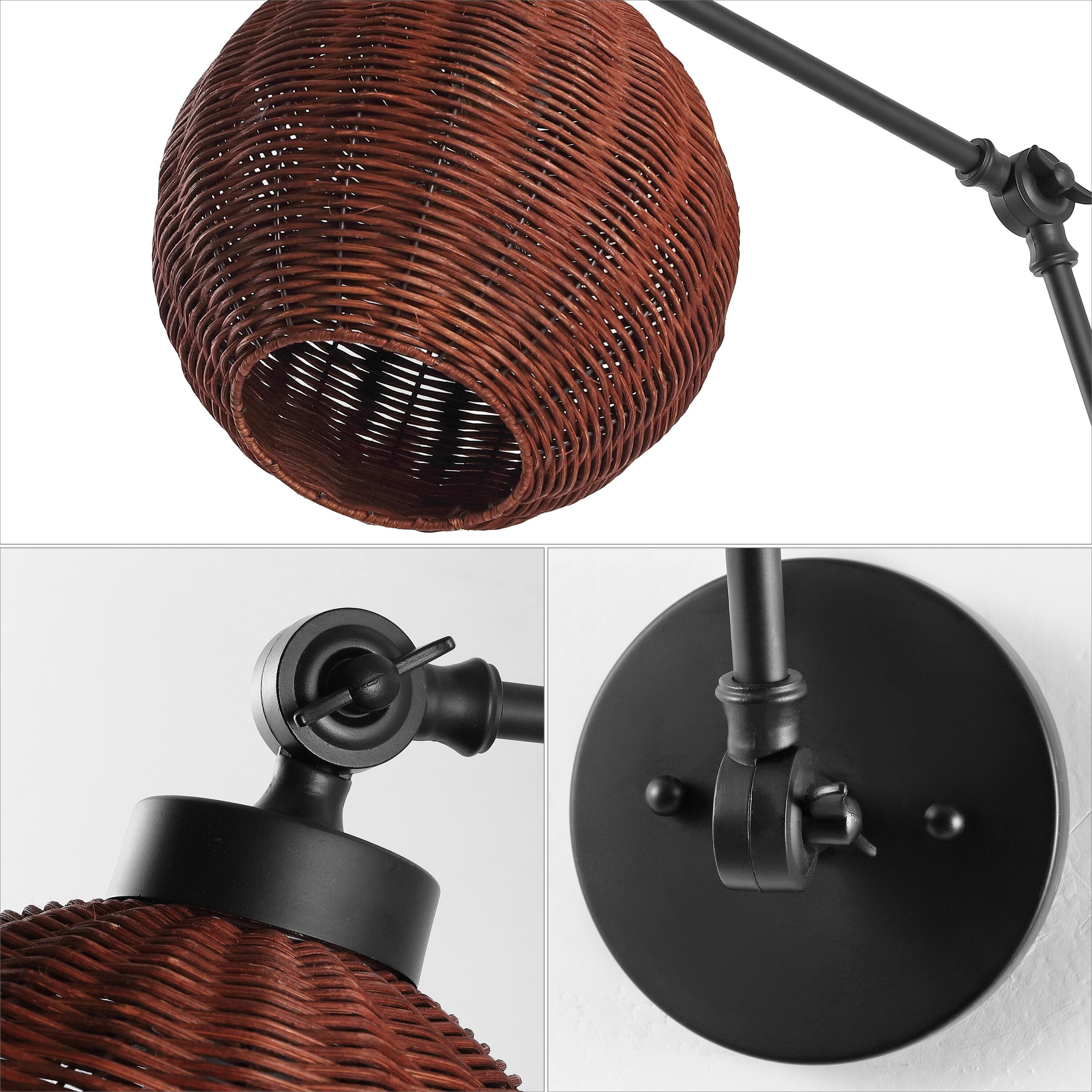 Alt View 5. Jonathan Y - Lyla 22" 1-Light Mid-Century Vintage Rattan Globe Swing Arm LED Sconce, Dark Brown/Black - Black/Dark brown.