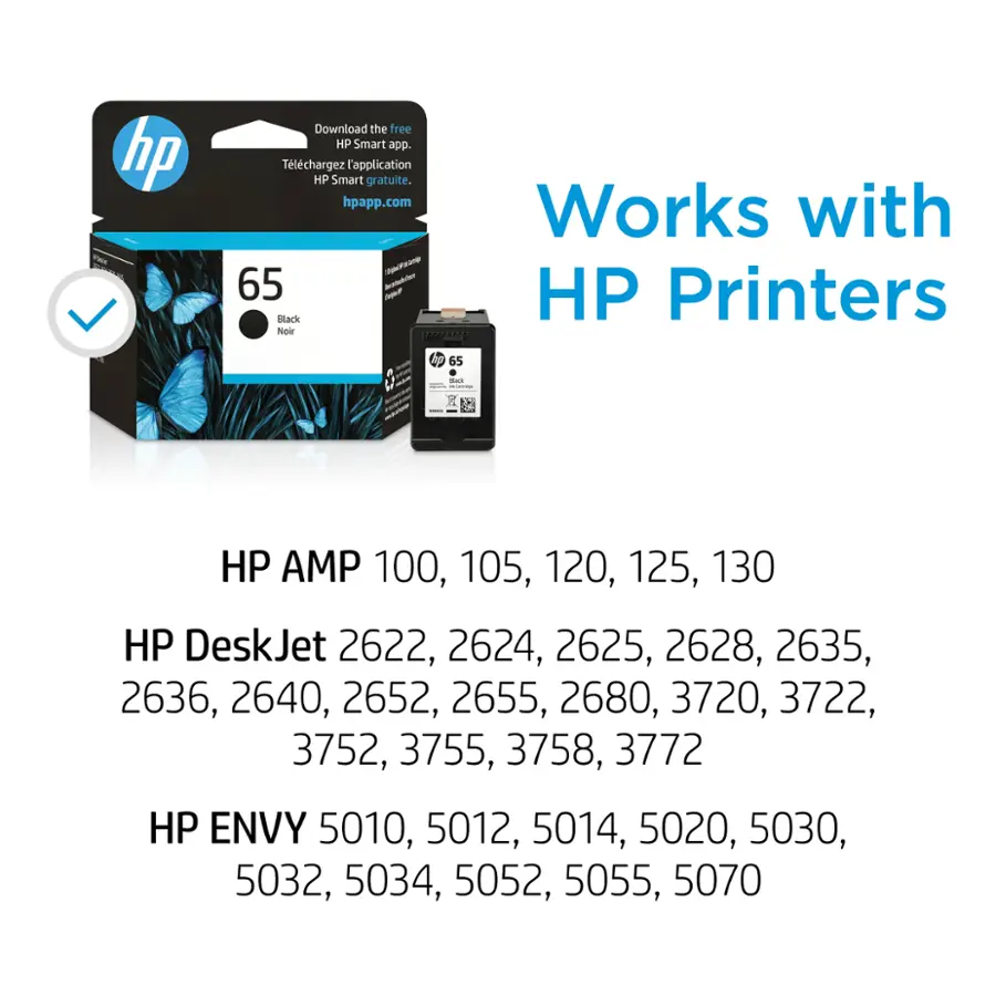 The image features a box of HP printer ink cartridges, with the text "Works with HP Printers" prominently displayed. The box contains ink cartridges for various HP printer models, including the HP AMP 100, 105, 120, 125, 130, HP DeskJet 2622, 2624, 2625, 2628, 2635, 2636, 2640, 2652, 2655, 2680, 3720, 3722, 3752, 3755, 3758, 3772, and HP ENVY 5010, 5012, 5014, 5020, 5030, 5032, 5034, 5052, 5055, 5070.
