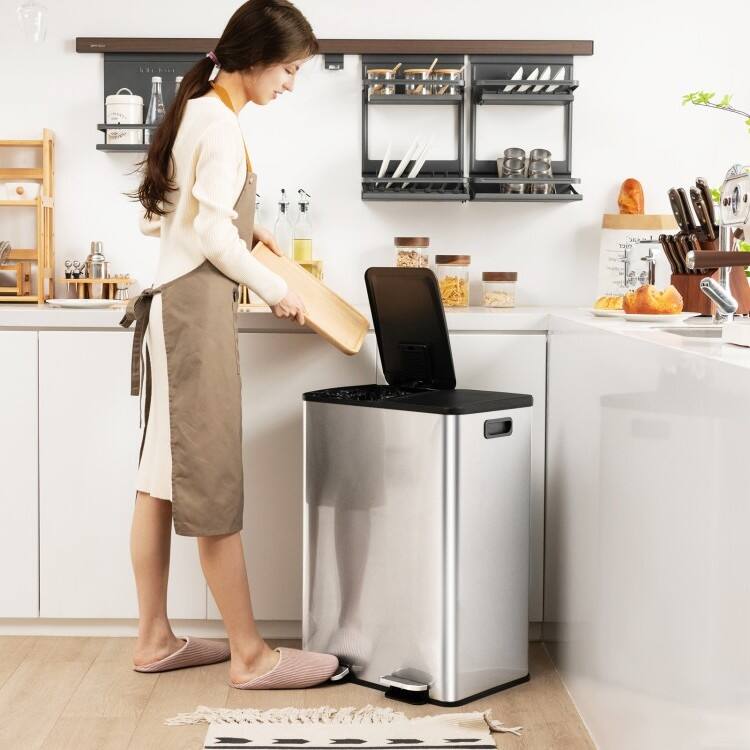 Angle. Hivvago - Dual 8-Gallon Step Trash Can Recycle Bin Food Waste Kitchen Compost Container - Silver.