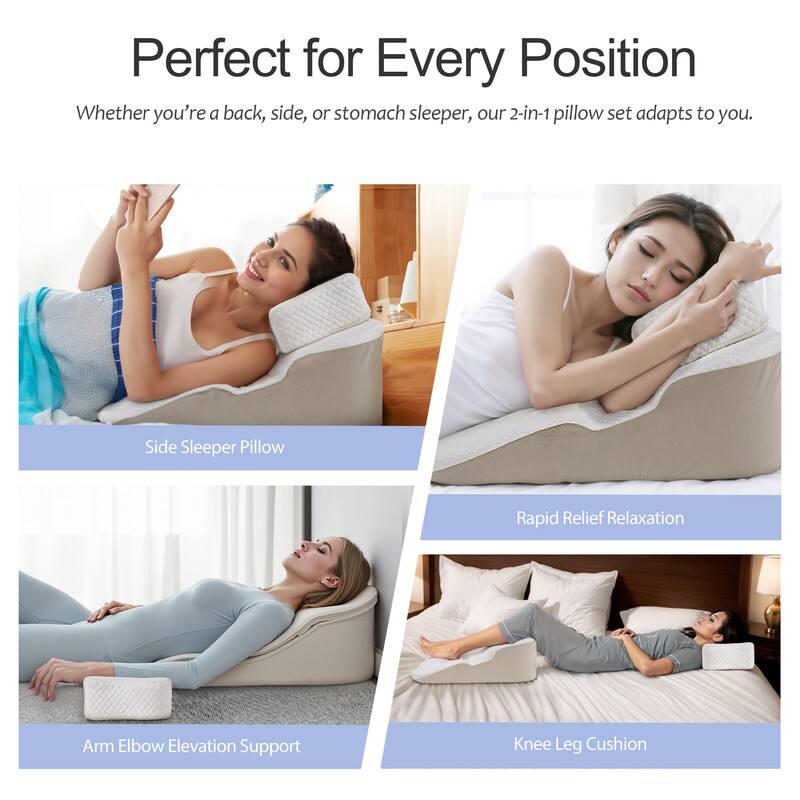 Perfect for Every Position

Whether you're a back, side, or stomach sleeper, our 2-in-1 pillow set adapts to you.

- Side Sleeper Pillow
- Rapid Relief Relaxation
- Arm Elbow Elevation Support
- Knee Leg Cushion
