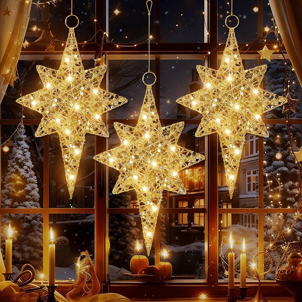 Front. Schertz - 3-Pack 11.8" Lighted Bethlehem Star Ornaments – LED for Indoor/Outdoor - white.