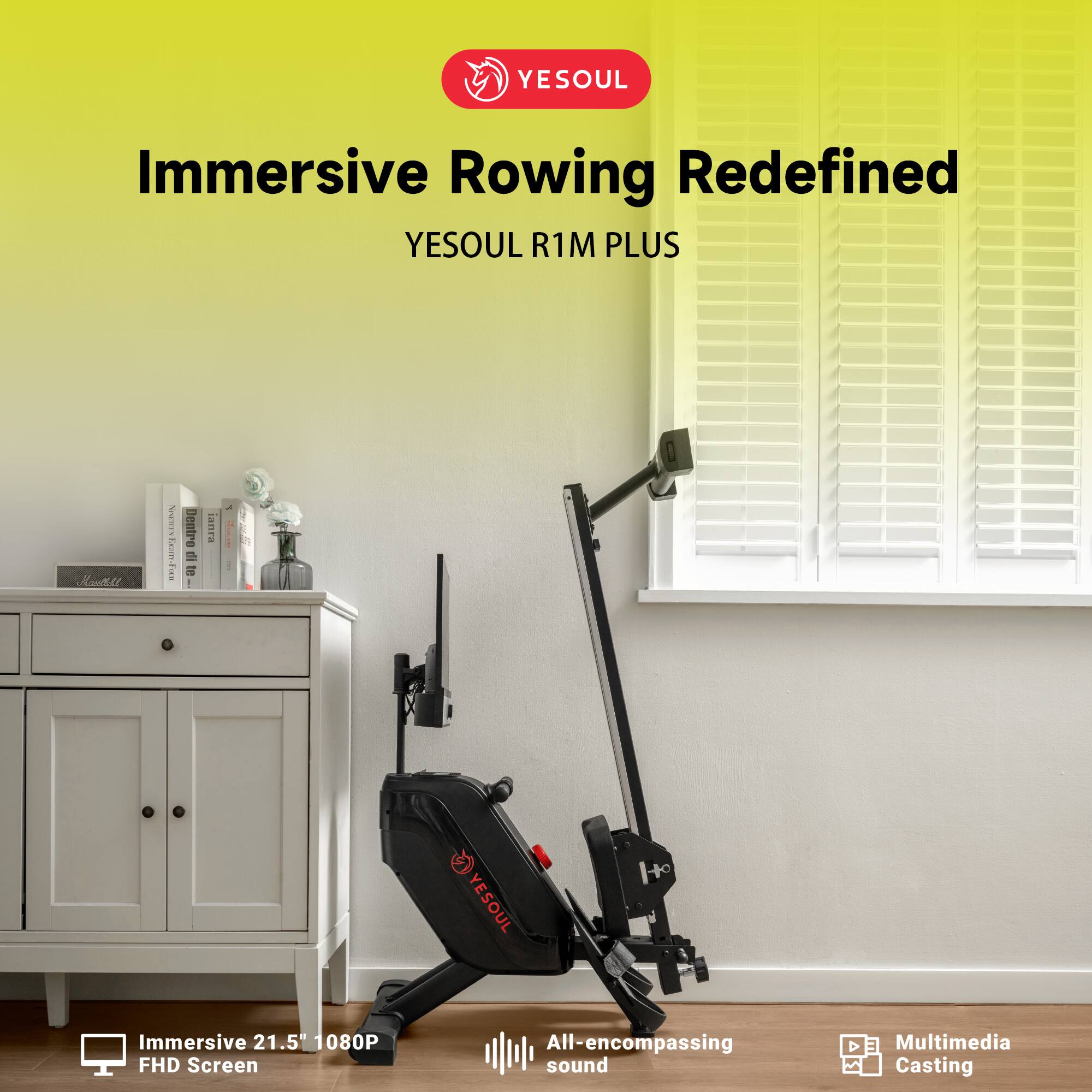 The text on the image reads: "Immersive Rowing Redefined - Yesoul R1M Plus."