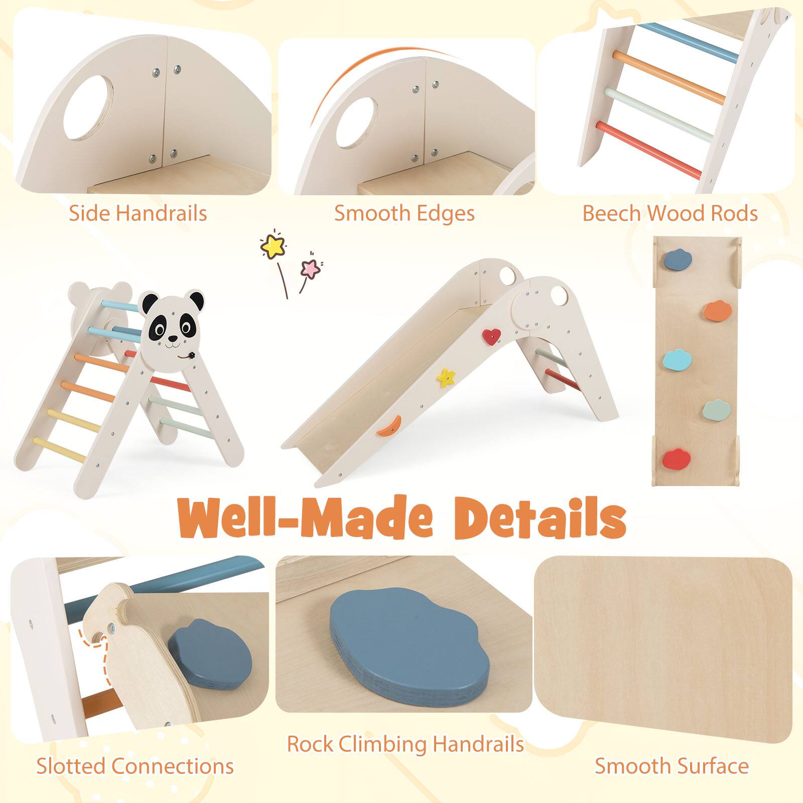 - Side Handrails
- Smooth Edges
- Beech Wood Rods
- Well-Made Details
- Slotted Connections
- Rock Climbing Handrails
- Smooth Surface