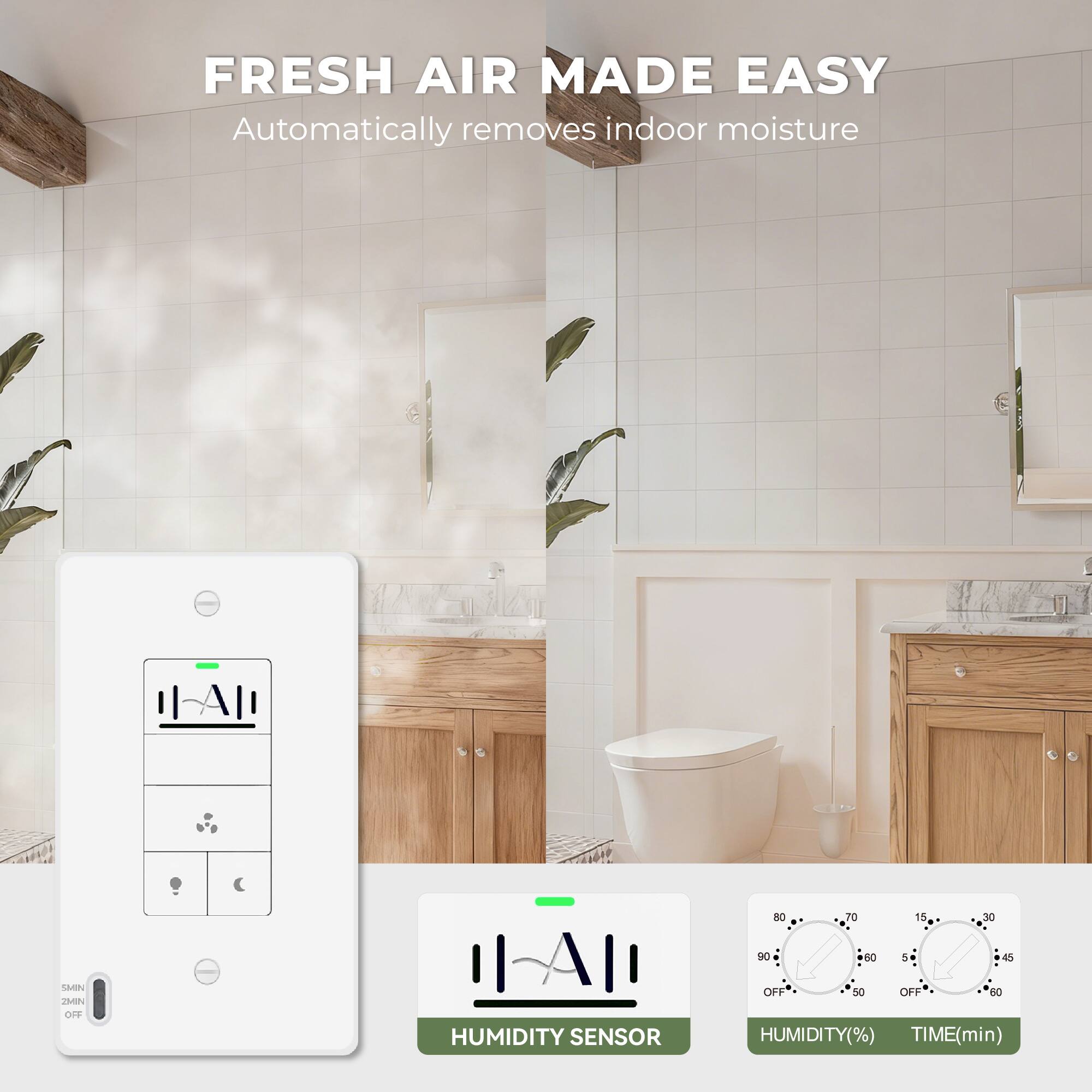 FRESH AIR MADE EASY  
Automatically removes indoor moisture

HUMIDITY SENSOR

HUMIDITY(%)  
TIME(min)

80 70 60 50 45 30 15 90 60 5 2MIN OFF 50 OFF GO