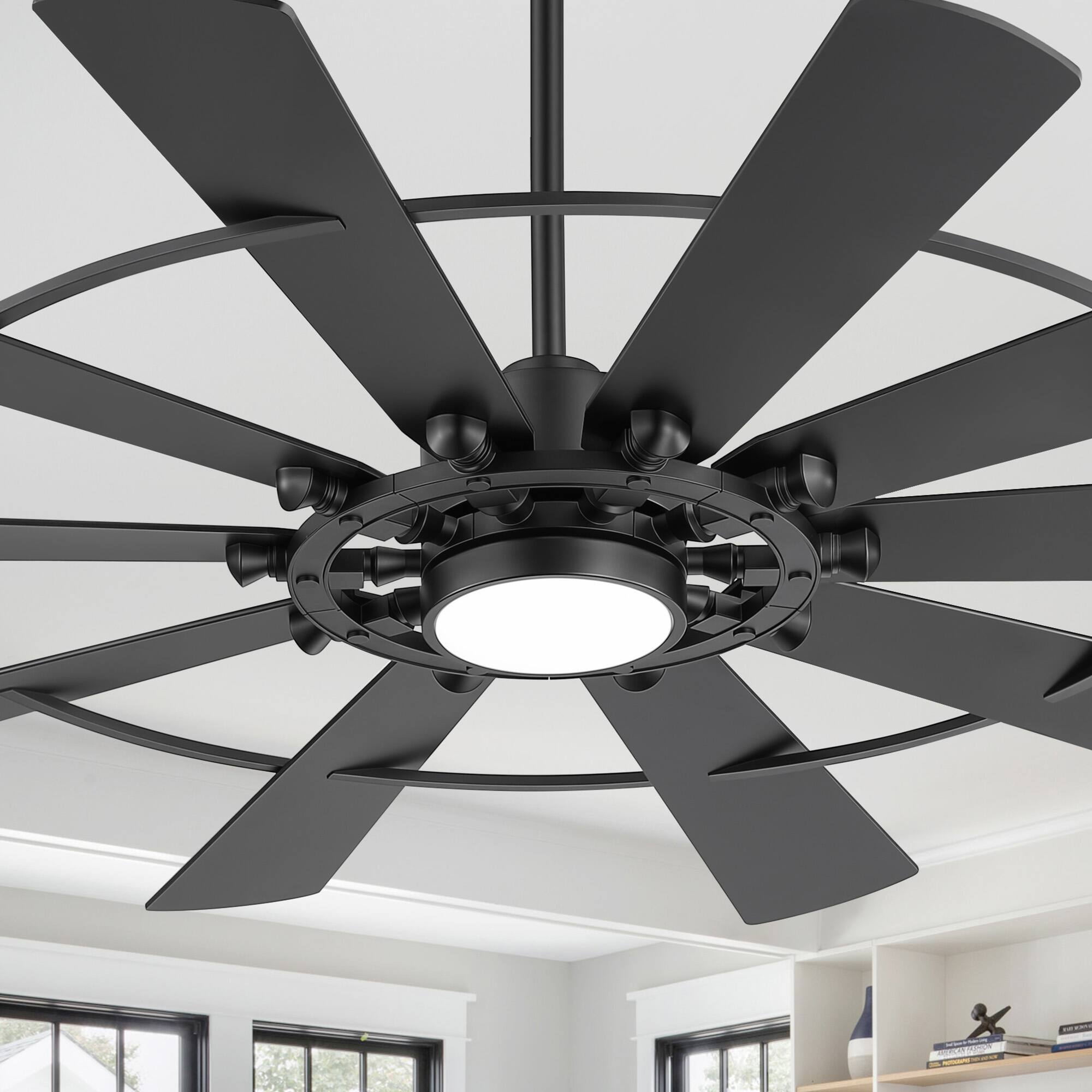 Alt View 10. Breezary - 62-Inch LED Ceiling Fan with Remote, 10 Blades, 3-Color Dimmable Light, Acrylic Shade, Dual Downrods - Black.