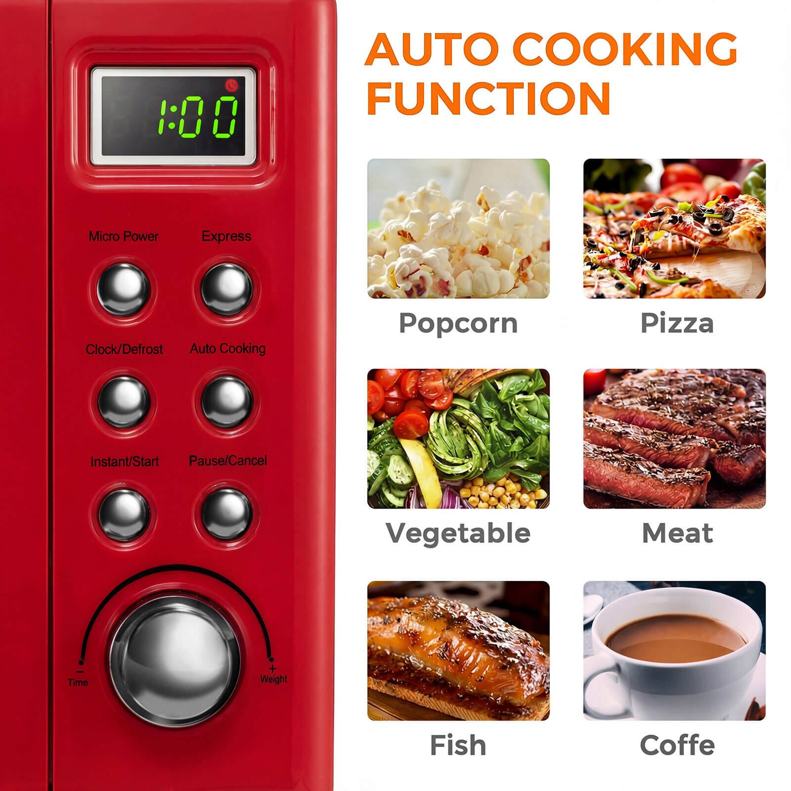 1:00 AUTO COOKING FUNCTION

Micro Power  
Express  
Clock/Defrost  
Auto Cooking  
Instant/Start  
Pause/Cancel  

Popcorn  
Pizza  
Vegetable  
Meat  
Fish  
Coffee
