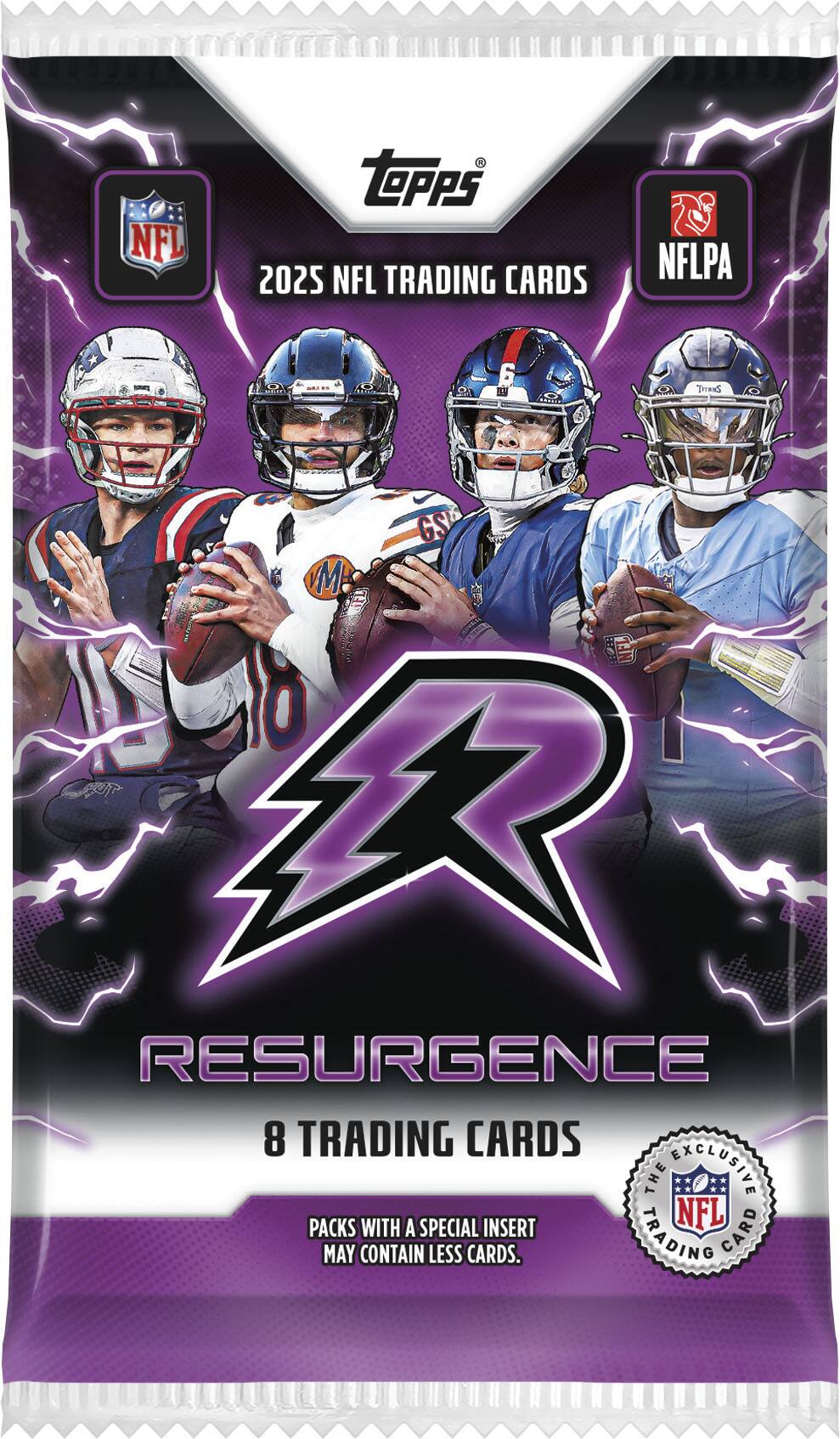 NFL Topps 2025 NFL Trading Cards NFLPA

Resurgence 8 Trading Cards

The Exclusive Packs with a Special Insert

NFL May Contain Less Cards