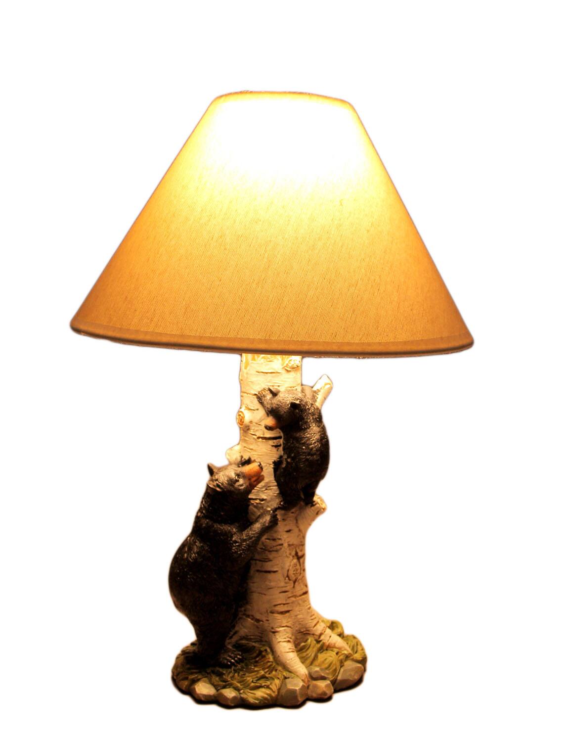 Front. Zeckos - Black Bear and Cub Birch Tree Table Lamp With Shade - White.