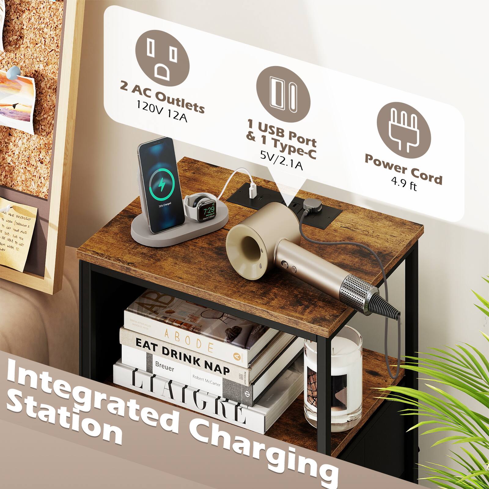 2 AC Outlets  
120V 12A  

1 USB Port & 1 Type-C  
5V/2.1A  

Power Cord  
4.9 ft  

Integrated Charging Station  

EAT DRINK NAP  
ABODE  
Breuer  
Robert McCarter  
LIAGRE