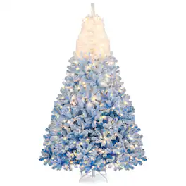 Costway - 8 FT Artificial Christmas Tree with 470 Warm White LED Lights, 8 Lighting Modes & Folding Metal Stand - Blue+White