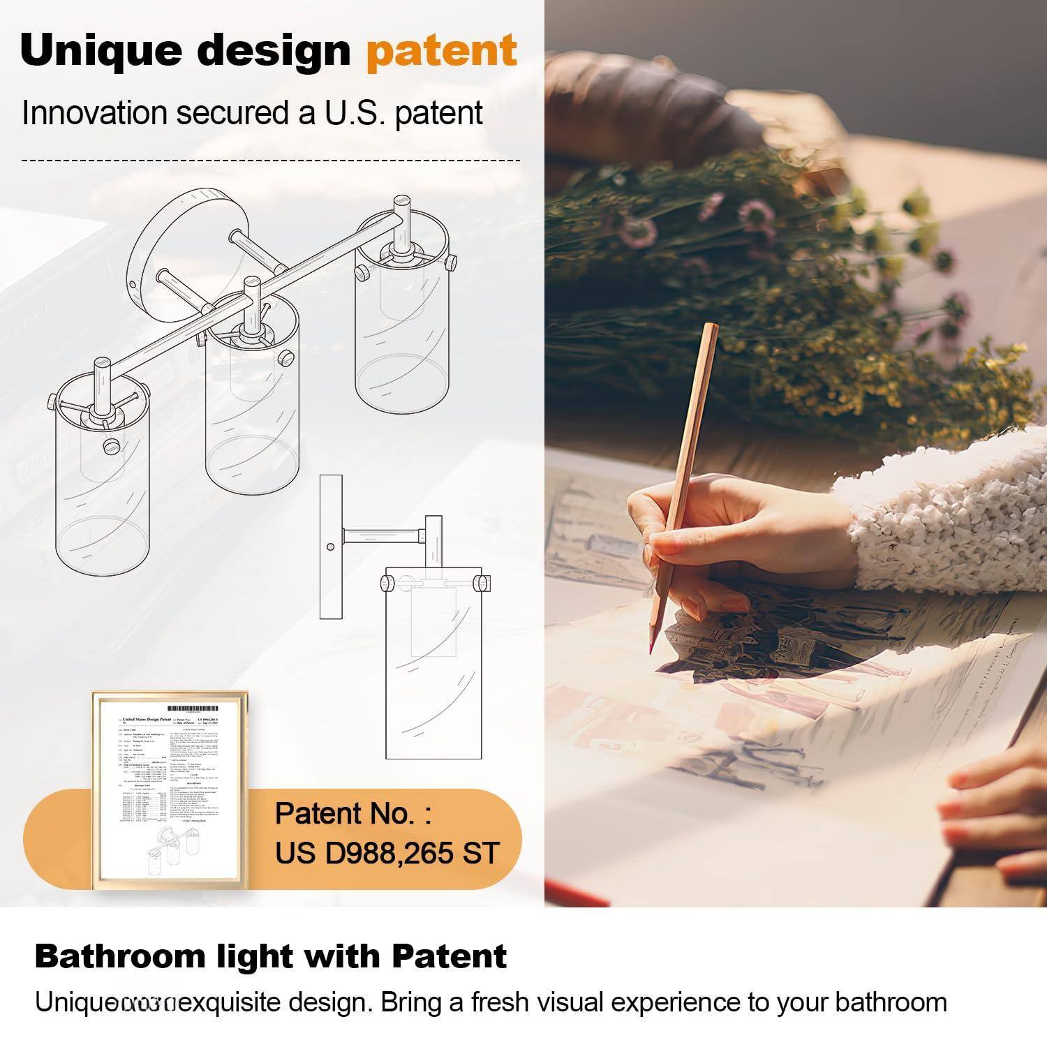 Unique design patent  
Innovation secured a U.S. patent  

Patent No.: US D988,265 ST  

Bathroom light with Patent  
Unique and exquisite design. Bring a fresh visual experience to your bathroom