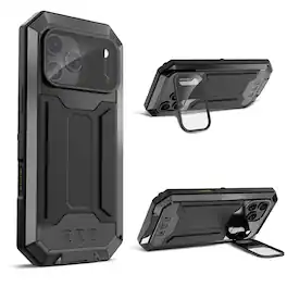 Dteck - Rugged Case for iPhone 17 Pro Max Flip Camera Kickstand Built-in Screen Protector Military Grade Protection Cover - Black