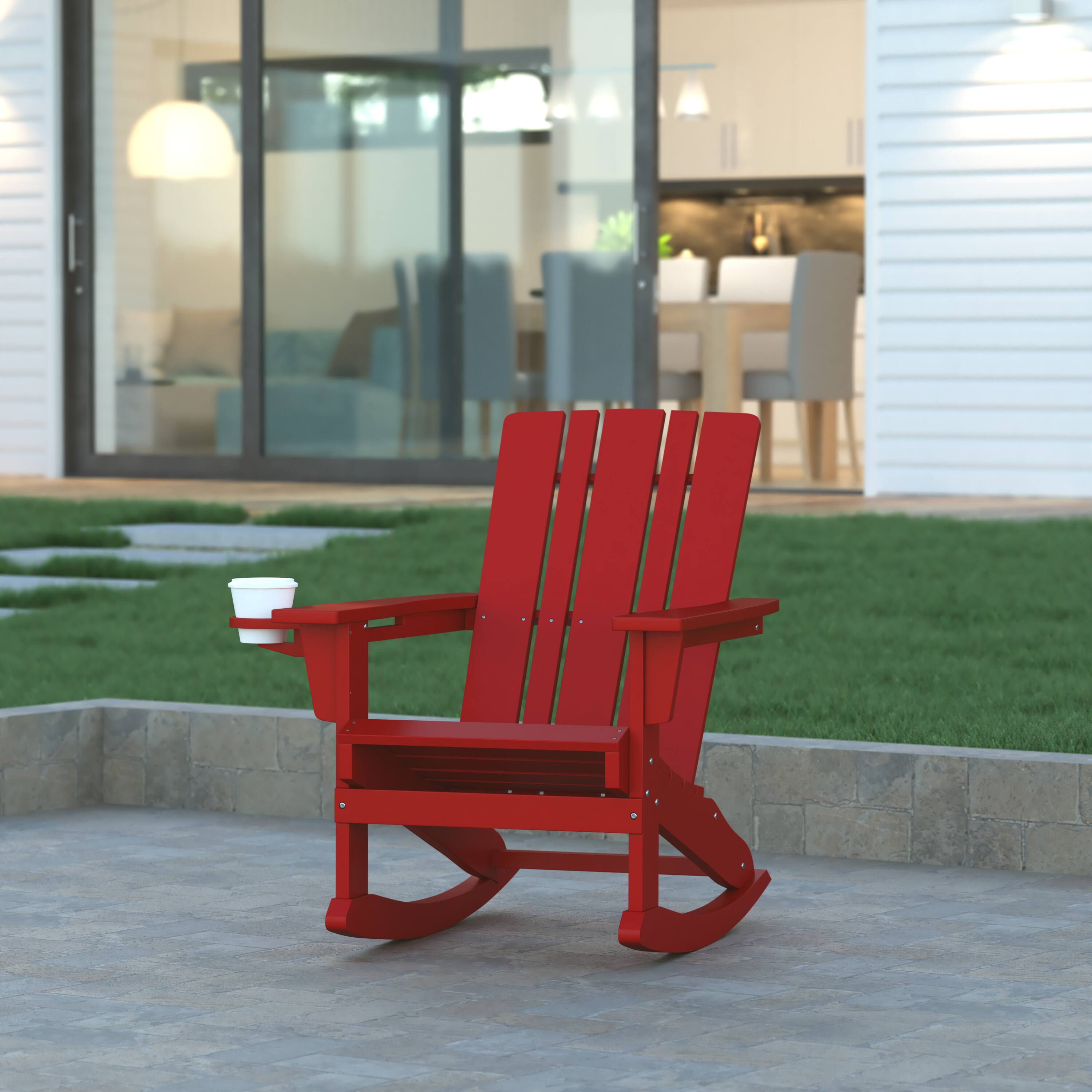 Alt View 1. Emma + Oliver - Haley Adirondack Rocking Chair with Cup Holder, Weather Resistant HDPE Adirondack Rocking Chair - Red.