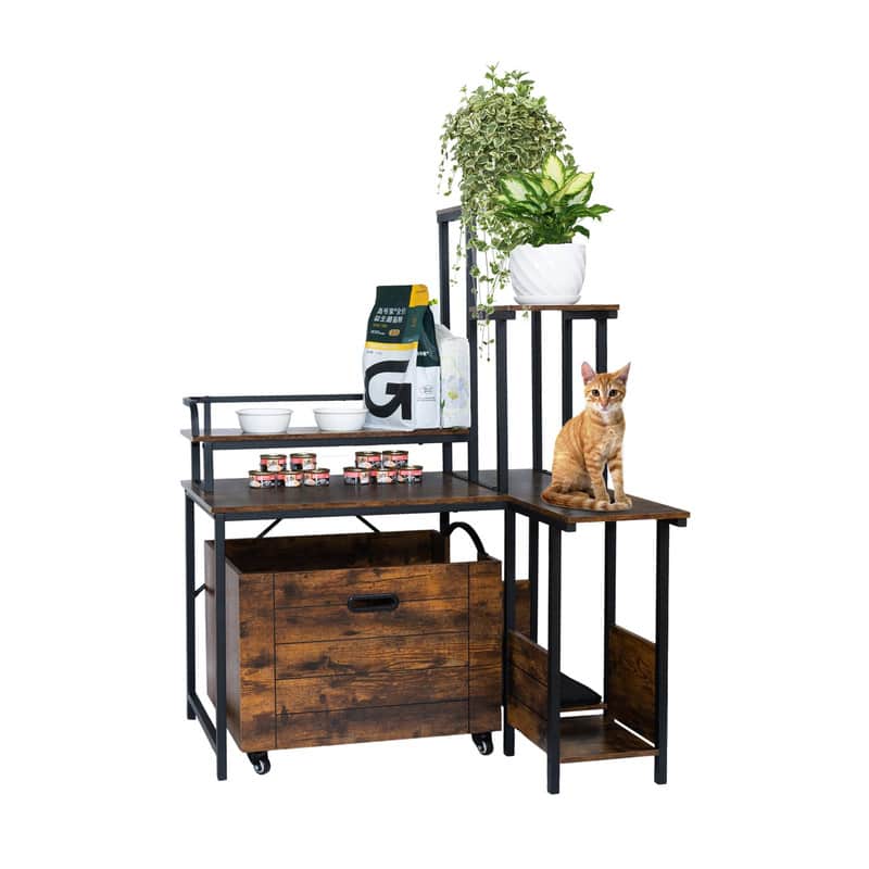 GARVEE - Wood Corner Plant Stand Hidden Cat Litter Box Enclosure Furniture with Flower Stand - Brown