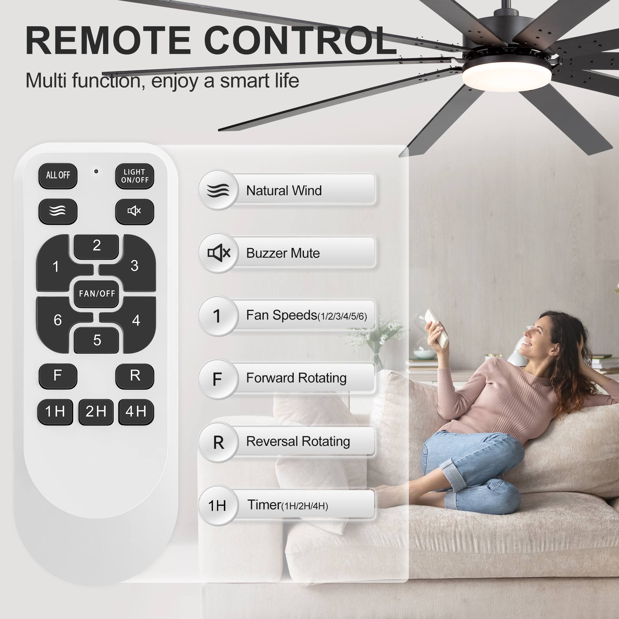 REMOTE CONTROL  
Multi function, enjoy a smart life  

- ALL OFF  
- LIGHT ON/OFF  
- Natural Wind  
- Buzzer Mute  
- FAN/OFF  
- Fan Speeds (1/2/3/4/5/6)  
- Forward Rotating  
- Reversal Rotating  
- Timer (1H/2H/4H)