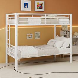 Loheer - Twin Over Twin Metal Bunk Bed for Kids Convertible Bed Frame with Ladder and Guardrail - White