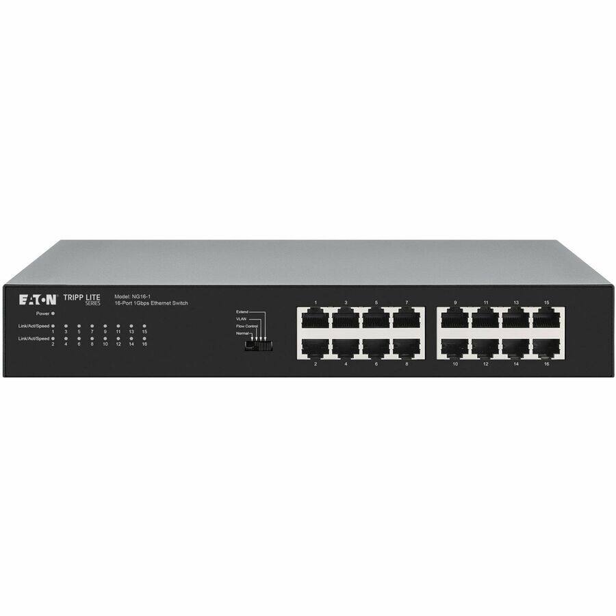 Eaton Tripp Lite  
Model: NG16-1  
16-Port 1 Gbps Ethernet Switch  

Link/AutoSpeed  
1 2 3 4 5 6 7 8 9 10 11 12 13 14 15 16  

Power  

Extended  
VLAN  
Network