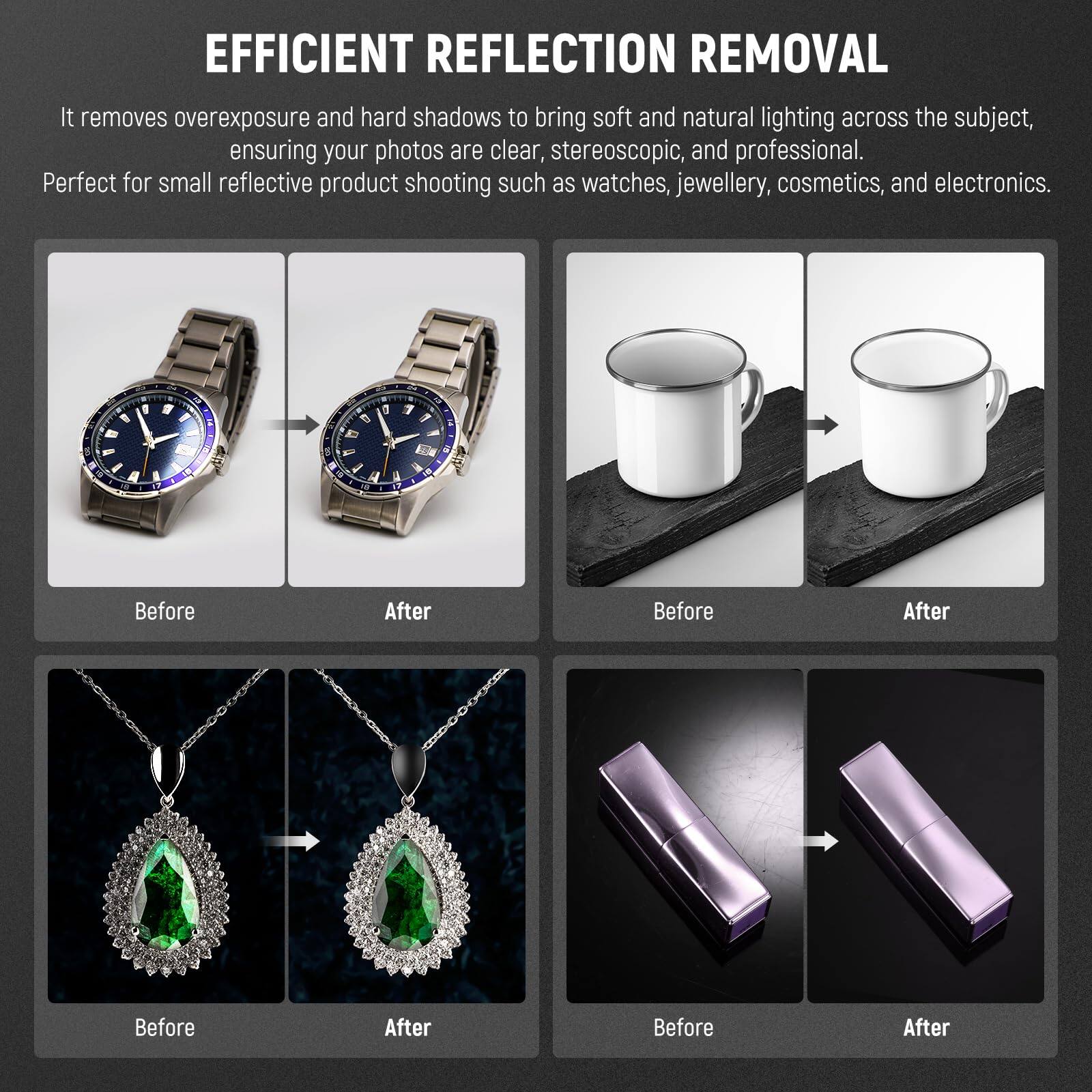 EFFICIENT REFLECTION REMOVAL

It removes overexposure and hard shadows to bring soft and natural lighting across the subject, ensuring your photos are clear, stereoscopic, and professional. Perfect for small reflective product shooting such as watches, jewellery, cosmetics, and electronics.

Before After
Before After
Before After
Before After
