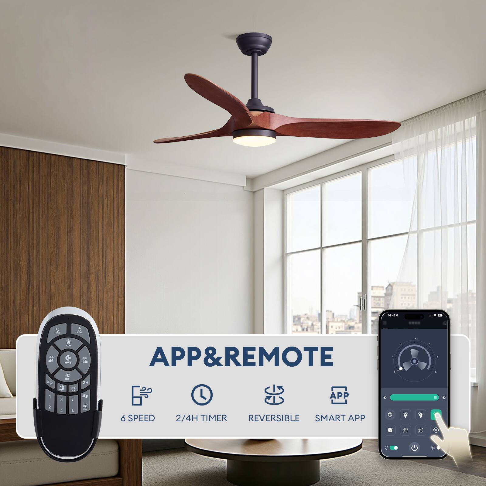 10:47a

APP & REMOTE
APP
2
4
6
6 SPEED
2/4H TIMER REVERSIBLE SMART APP