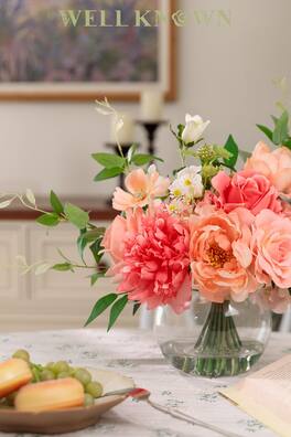 Siljoy - Green Silk Hydrangea & Tulip Arrangement, Vase, Home Wedding Birthday Decor Gift - Pink